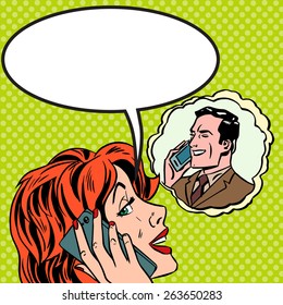 Pop Art Vintage Comic. The Woman Speaks To The Man On The Phone. Retro Style. Bubble For Text. Technology And Relationships