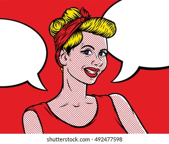 Pop art vintage comic woman with speech bubble. Girl talking. Retro style. Vintage advertising poster.  Pin up style. Retro Clip Art Vector Illustration for banner, flyer.