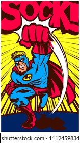 Pop art vintage comics style superhero throwing punch and fighting vector poster design illustration