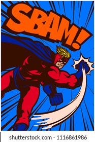 Pop art vintage comics style superhero in action throwing punch and fighting vector illustration