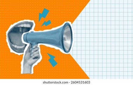 Pop art vintage dotted collage with female screaming mouth and loudspeaker. Halftone torn out paper elements. Advertising banner with megaphone and checkered copy space. Announcement banner. Vector