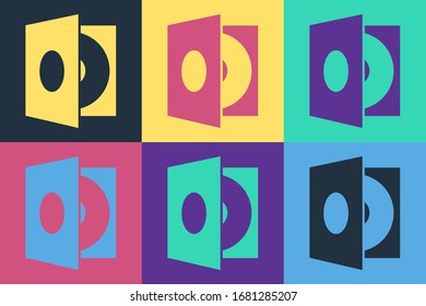 Pop art Vinyl player with a vinyl disk icon isolated on color background.  Vector Illustration