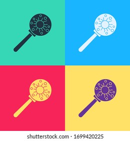 Pop art Virus under magnifying glass icon isolated on color background. Corona virus 2019-nCoV. Bacteria and germs, microbe, fungi.  Vector Illustration