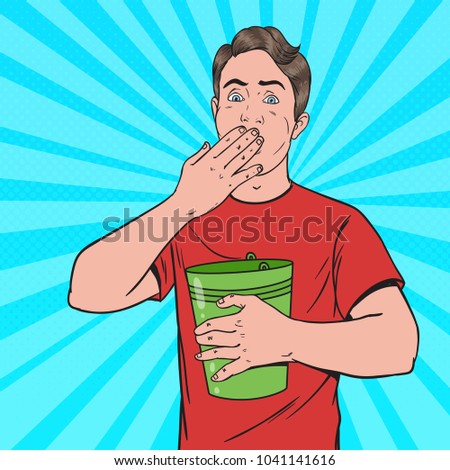 Pop Art Vomiting Man. Sick Guy Throw Up. Unhealthy Feeling. Vector illustration