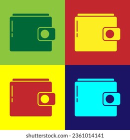 Pop art Wallet icon isolated on color background. Purse icon. Cash savings symbol.  Vector Illustration