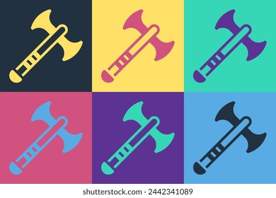 Pop Art War Axe Symbol isoliert auf farbigem Hintergrund. Kampfaxt, Scharfrichter Axt. Mittelalterliche Waffe.  Vektor