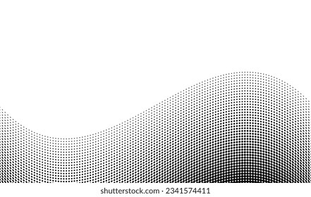 Pop art wavy gradient background. Abstract wave design. Halftone dotted pattern. Comic half tone texture. Optical spotted effect. Black white banner. Monochrome vector illustration