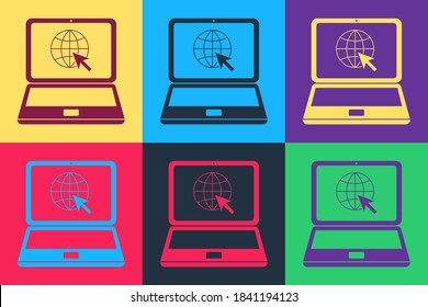 Pop art Website on laptop screen icons isolated on color background. Laptop with globe and cursor. World wide web symbol. Vector.