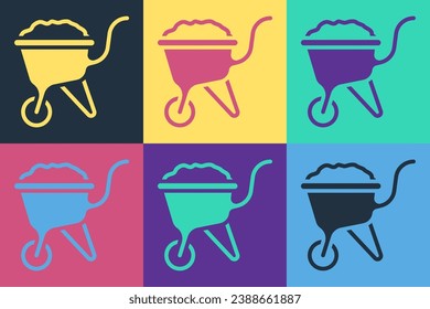 Pop art Wheelbarrow with dirt icon isolated on color background. Tool equipment. Agriculture cart wheel farm.  Vector
