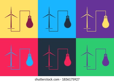 Pop art Wind mill turbine generating power energy and bulb icon isolated on color background. Natural renewable energy production using wind mills. Vector.