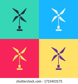 Pop art Wind turbine icon isolated on color background. Wind generator sign. Windmill for electric power production.  Vector Illustration