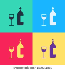 Pop art Wine bottle with wine glass icon isolated on color background. Happy Easter.  Vector Illustration