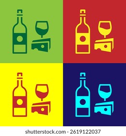 Pop art Wine bottle with glass and cheese icon isolated on color background. Romantic dinner.  Vector