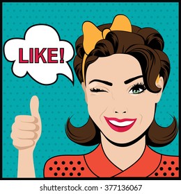 Pop art winking woman with thumbs up gesture and speech bubble. Vector illustration svg