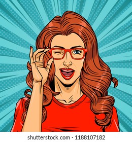 Pop art winking young beautiful girl with eyeglasses and purple hair on radial turquoise comic background vector illustration