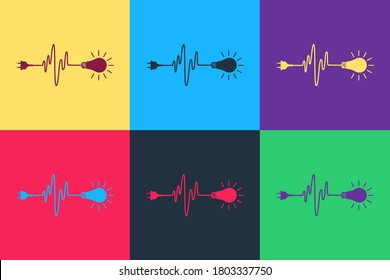 Pop art Wire plug and light bulb icon isolated on color background. Plug, lamp and cord in the form of heartbeat. Concept of Electricity and lighting. Vector.