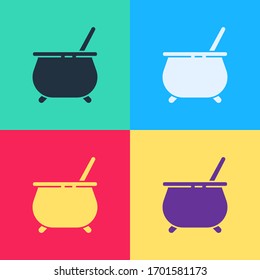 Pop art Witch cauldron icon isolated on color background. Happy Halloween party.  Vector Illustration