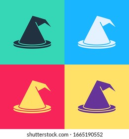 Pop art Witch hat icon isolated on color background. Happy Halloween party.  Vector Illustration