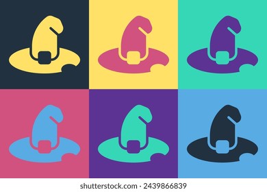 Pop art Witch hat icon isolated on color background. Happy Halloween party.  Vector