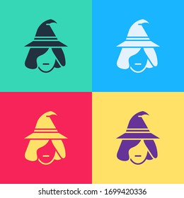Pop art Witch icon isolated on color background. Happy Halloween party.  Vector Illustration