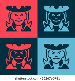 Pop art Witch icon isolated on color background. Happy Halloween party.  Vector