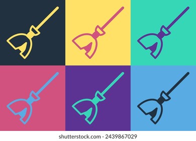 Pop art Witches broom icon isolated on color background. Happy Halloween party.  Vector