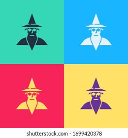 Pop art Wizard warlock icon isolated on color background.  Vector Illustration