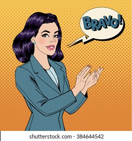 Pop Art Woman Applauding with Expression Bravo. Vector illustration in comics style