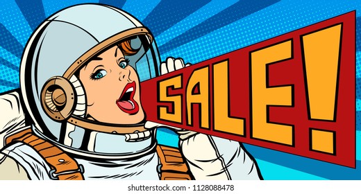 pop art woman astronaut sale. retro vector illustration kitsch vintage drawing