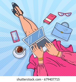 Pop Art Woman Blogger Working on Laptop. Modern Lifestyle. Vector illustration