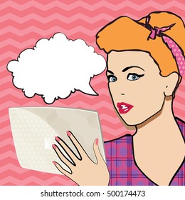 Pop art woman with blonde curly hair and open mouth holding tablet in her hands with bubble speech.Vector colorful background in pop art retro comic style.