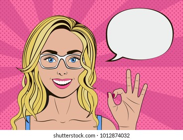 Pop art woman blonde is showing OK sign with speech bubble. Vector illustration