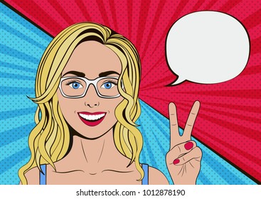 Pop art woman blonde is showing Victory sign with speech bubble. Vector illustration.