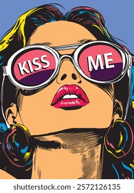 Pop art woman with bold sunglasses and "Kiss Me" text reflecting attitude. Fashion and lifestyle concept,vector illustration
