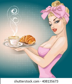 Pop Art woman with breakfast. Pin-up fashion girl, sexy wife, hand drawn vector illustration Background