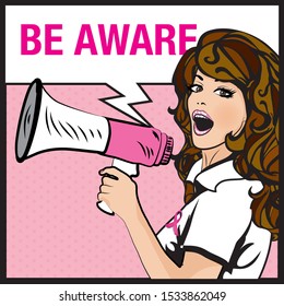 Pop Art Woman. Breast cancer awareness month. pink ribbon symbol, Fight like a girl vector illustration. 