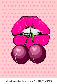 Pop Art Woman Cartoon Sexy Glossy Pink Lips. Woman Holds Two Cherries In Her Open Mouth Teeth. Cartoon Girl Vector Lips. Retro Realistic Pop Art Sexy Open Mouth.