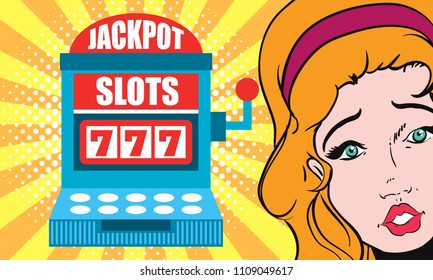 Pop art woman with casino slot machine. Retro vector illustration