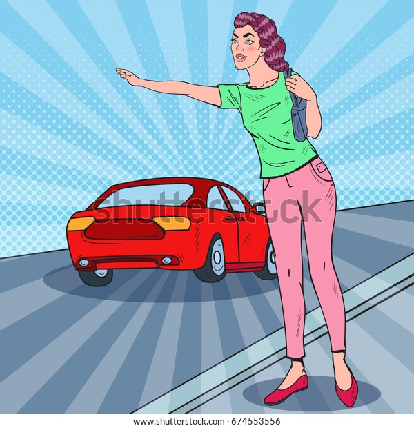 Pop Art Woman Catching a Car in the City\
Road. Vector illustration
