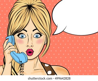 Pop Art  Woman Chatting On Retro Phone  . Comic Woman With Speech Bubble. Vector Illustration.