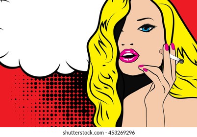 Pop Art Woman With Cigarette. Smoking / No Smoking Bubble. Vector Illustration.