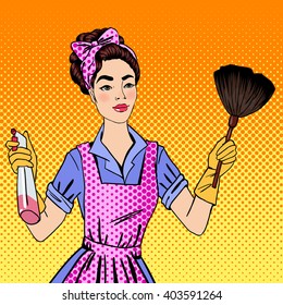 Pop Art Woman Cleaning the House. Housewife Doing Work. Vector Illustration