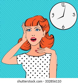 Pop Art woman with the clock.Vintage advertising poster. Comic woman.