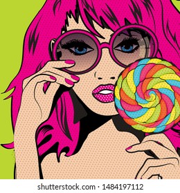 Pop Art Woman with colorful Lollipop! vector illustration.