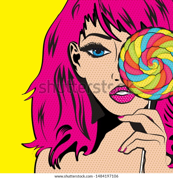 Pop Art Woman Colorful Lollipop Vector Stock Vector Royalty Free