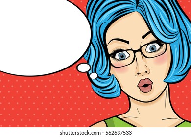 Pop art woman . Comic woman with speech bubble. Pin up girl.Vector illustration