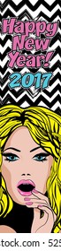 Pop Art Woman comics icon "Happy New Year 2017".  Vector illustration banner.