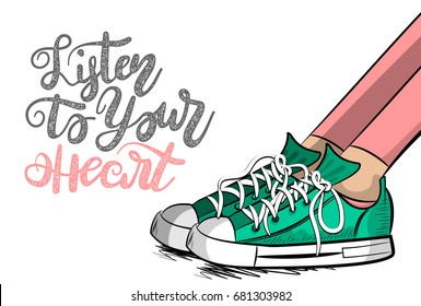 Pop art woman doodle sneakers shoelace stay think listen to heart. Philosophy love lettering comic text phrase Cartoon colored sketch vector illustration. Funny young girl fashion foot doodle sneakers