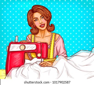 Pop art woman dressmaker sewer vector sketch illustration. Adult girl seamstress in atelier tailor salon sitting at sewing machine and sew clothe isolated on blue dotted background