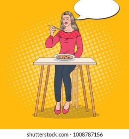 Pop Art Woman Eating Soup with Disgusting Face. Tasteless Food. Vector illustration